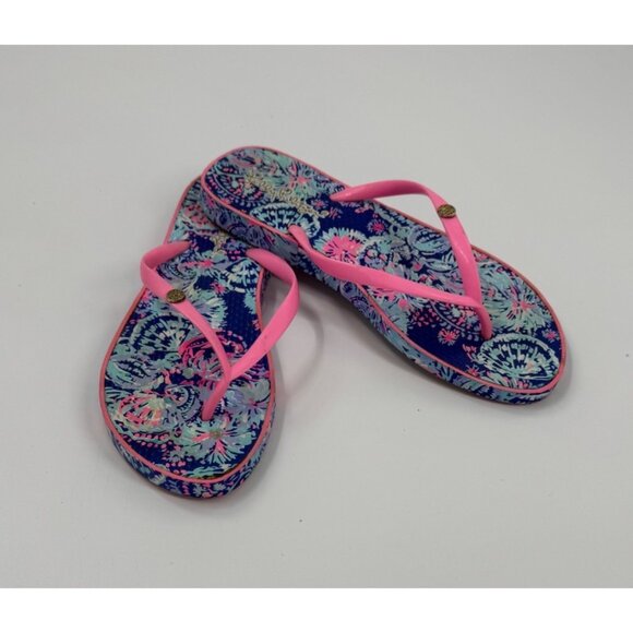 Lilly Pulitzer Oyster Bay You've Been Spotted Flip Flops With Pink Straps & Blue - Picture 1 of 9